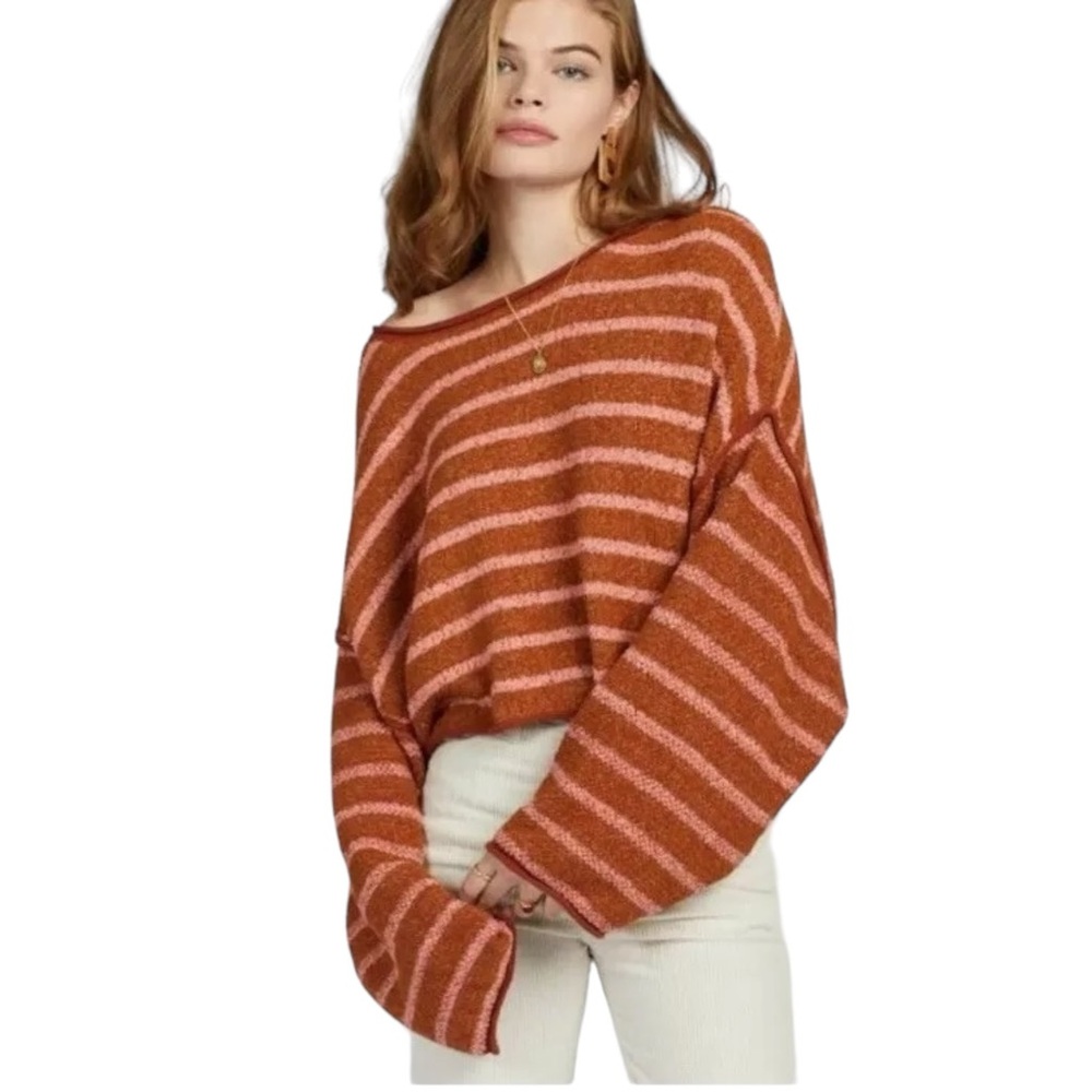 Free People Bardot Slouchy Sweater in Cedar Flower Combo Stripe Sz S - Picture 11 of 14